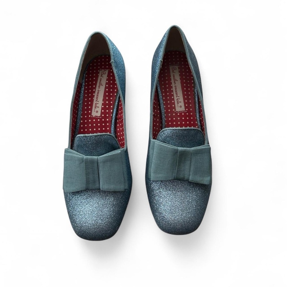 B.a.i.t. Sparkly glitter Blue Loafers with Bow Detail and kitten heel - Picture 3 of 4